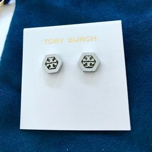 NEW Tory Burch Hex-Logo Stud Earrings Silver Tone!